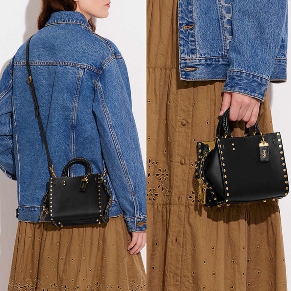 Coach Mini Rogue 17 Black Leather Purse Crossbody Shoulder Bag Brass Gold Rivets - Picture 16 of 16